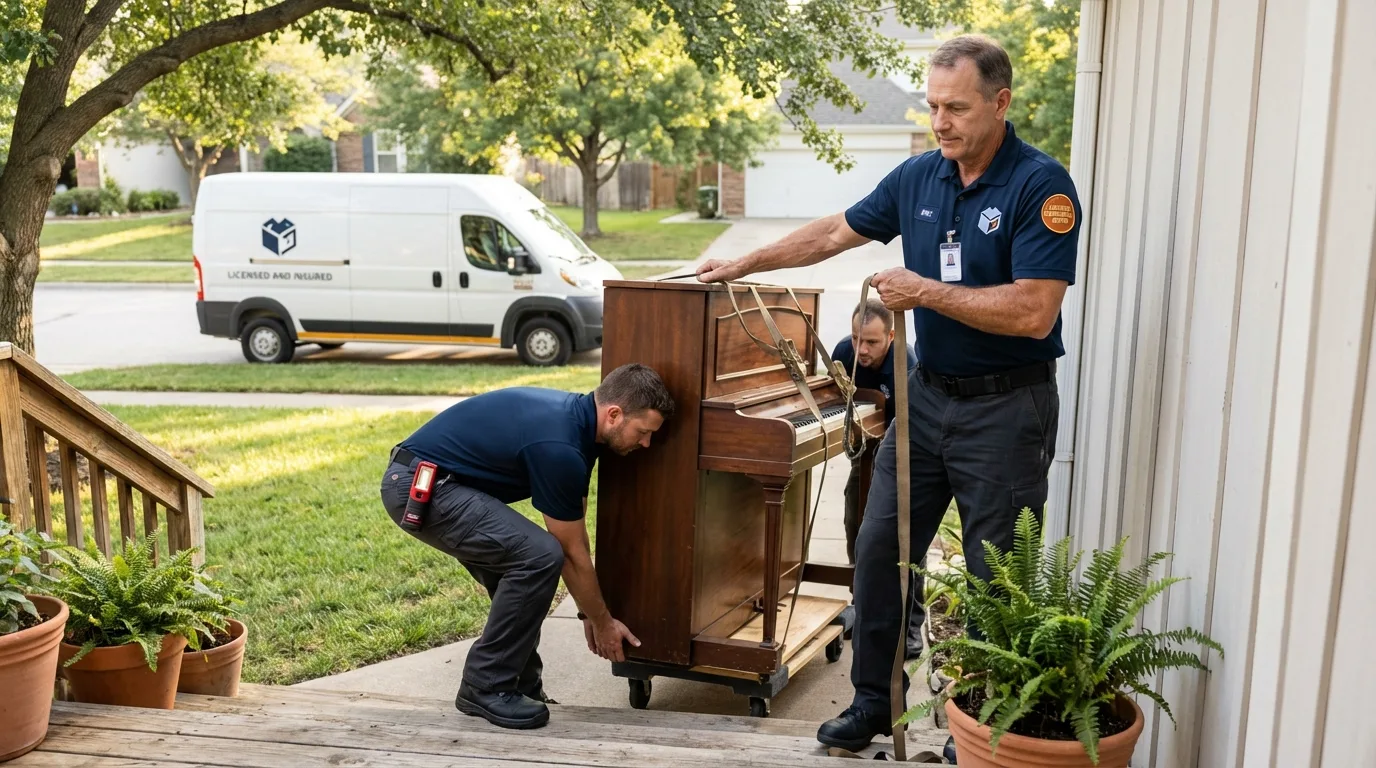 Licensed piano movers securing grand piano in Oswego, KS