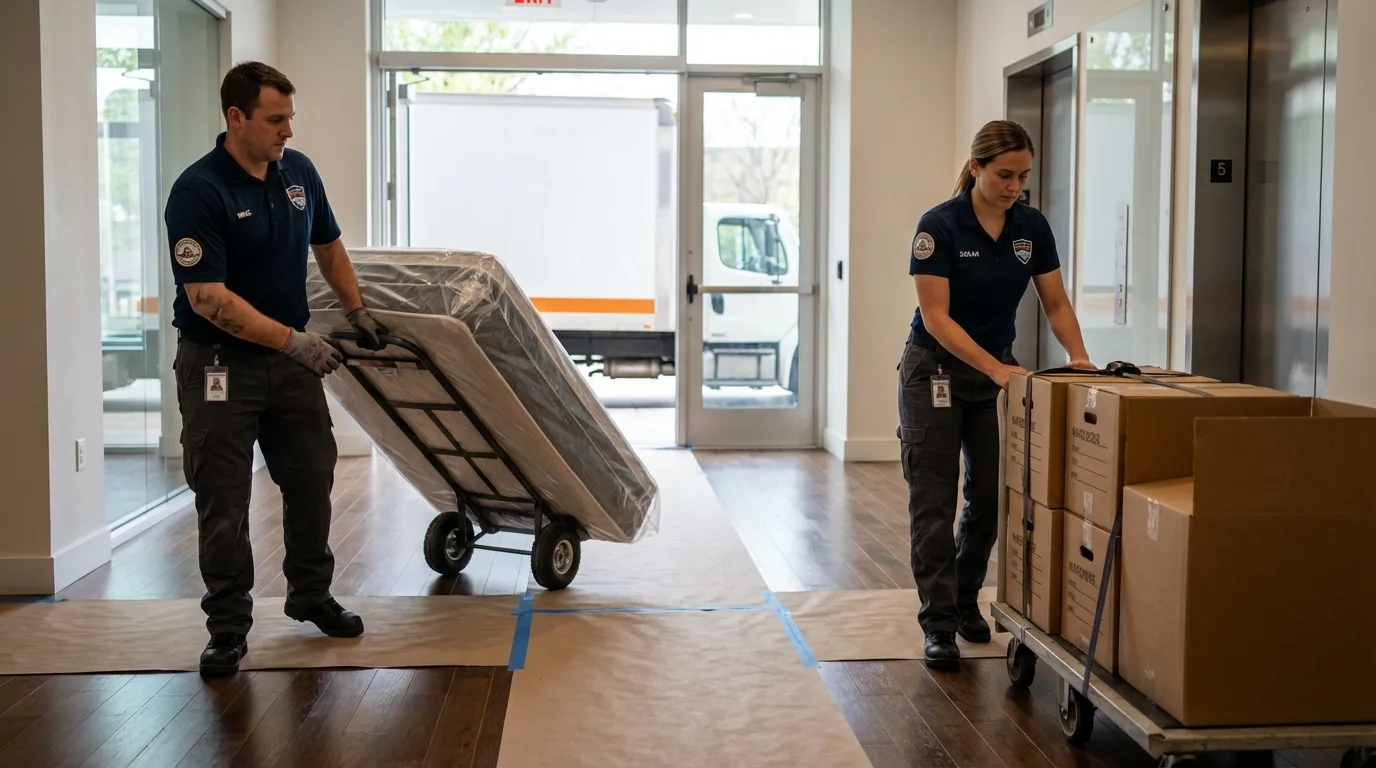 Professional apartment movers loading elevator in Oswego, KS